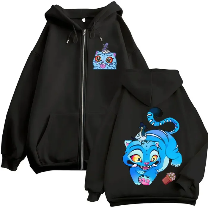 Streetwear Blue Tiger Graphic Zip-Up Hoodie