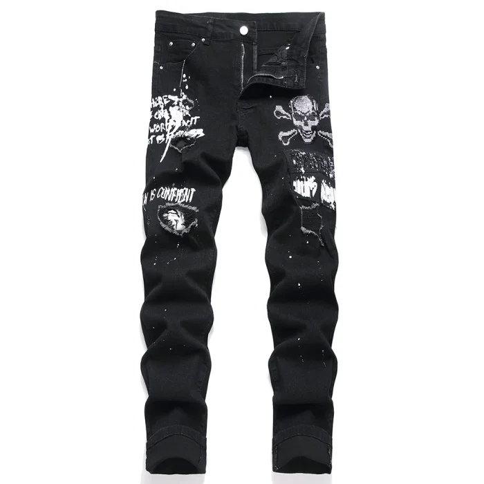 Men’s Distressed Skull Graphic Slim Fit Black Jeans