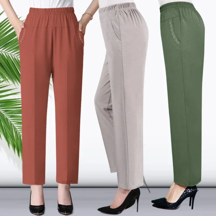 Women’s High-Waist Comfort Stretch Straight-Leg Trousers with Embroidered Pockets