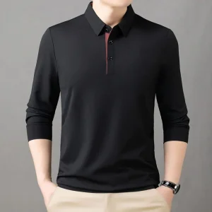 Men’s Full-Sleeve Slim Fit Polo Shirt – Classic Black with Contrast Detail