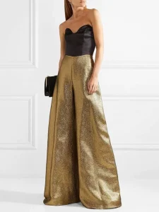 Elegant Two-Tone Metallic Gold Wide-Leg Evening Jumpsuit