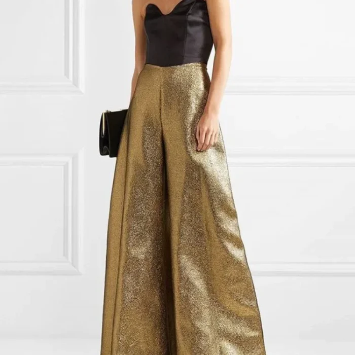 Elegant Two-Tone Metallic Gold Wide-Leg Evening Jumpsuit