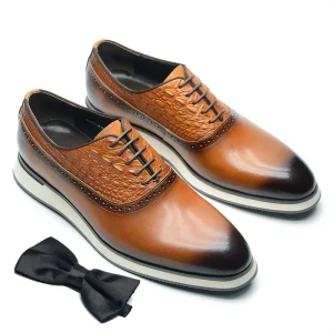 Men’s Tan Leather Croc-Embossed Wingtip Sneakers