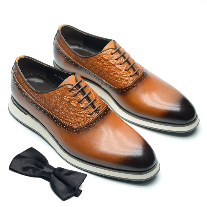 Men’s Tan Leather Croc-Embossed Wingtip Sneakers
