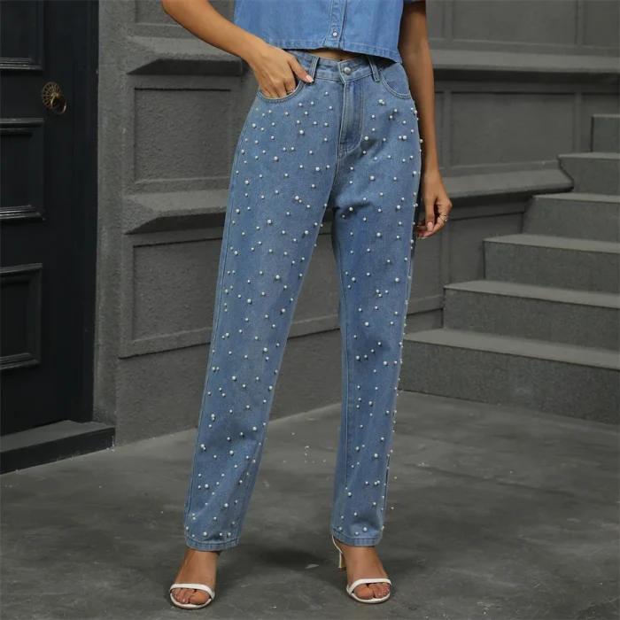Women’s Pearl-Embellished High-Waist Jeans