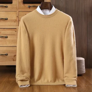 Men’s Camel Cashmere-Blend Crewneck Sweater