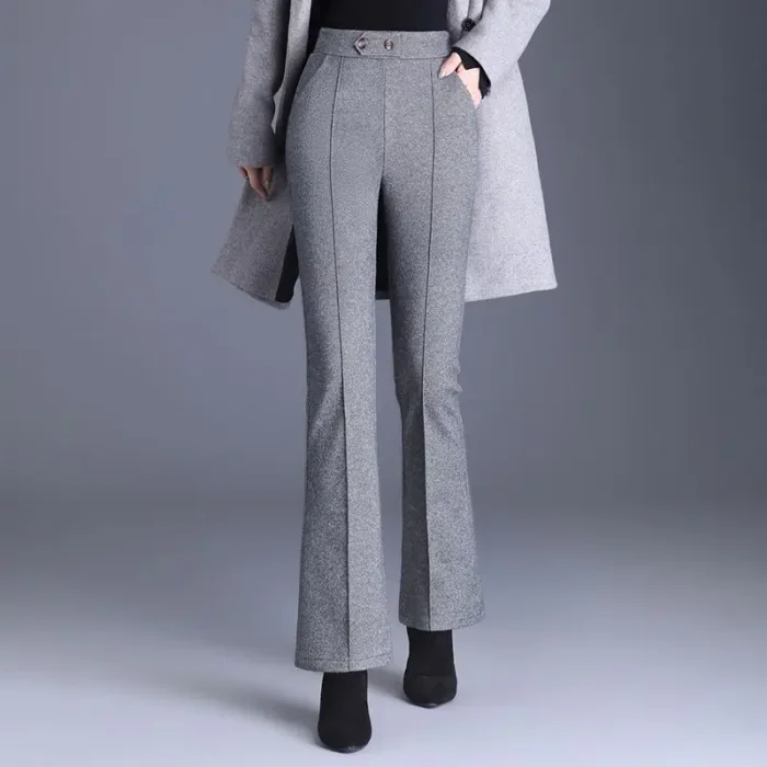 Women's High-Waisted Grey Woolen Flare Trousers