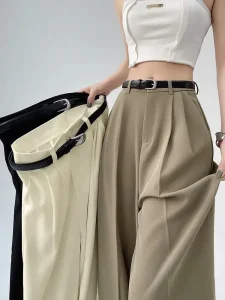 High-Waisted Pleated Wide-Leg Trousers with Slim Leather Belt