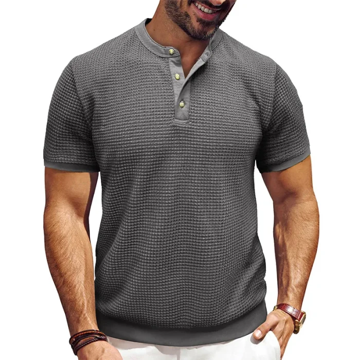Men's New Short-sleeved Textured Knitted Henry Collar Solid Color Fashion Casual T Shirt Tee Top