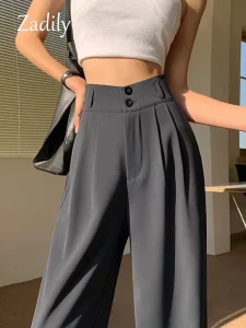 Women’s High-Waisted Charcoal Grey Double-Button Pleated Trousers