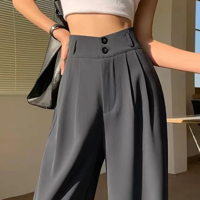 Women’s High-Waisted Charcoal Grey Double-Button Pleated Trousers